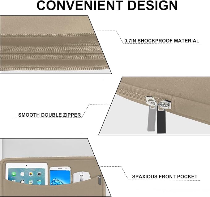 Laptop Case Sleeve 15.6 inch, Shockproof Protective Briefcase Carrying Computer Cover Bag with Accessory Pocket, Laptop Bag Compatible with MacBook, HP, Dell, Lenovo, Asus, Khaki