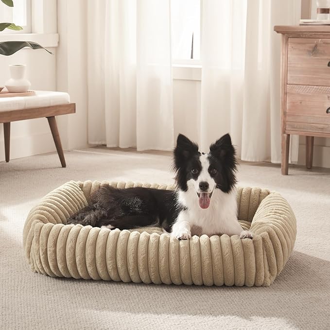 FURTIME Dog Beds Large Sized Dog, Washable Orthopedic Pet Bed with Removable Cover, Rectangle Soft Calming Sleeping Puppy Bed Durable Pet Cuddler with Anti-Slip Bottom, Beige, XL(42"x20"x8")
