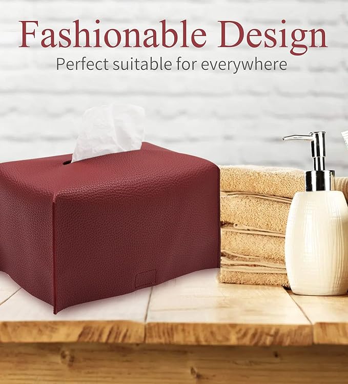 Livelab Tissue Box Cover, Modern Decorative PU Leather Rectangular Tissue Box Case Organizer Holder for Vanity Countertop, Night Stands, Livingroom, Office Desk & Car 9.5X5X5'' | Wine Red