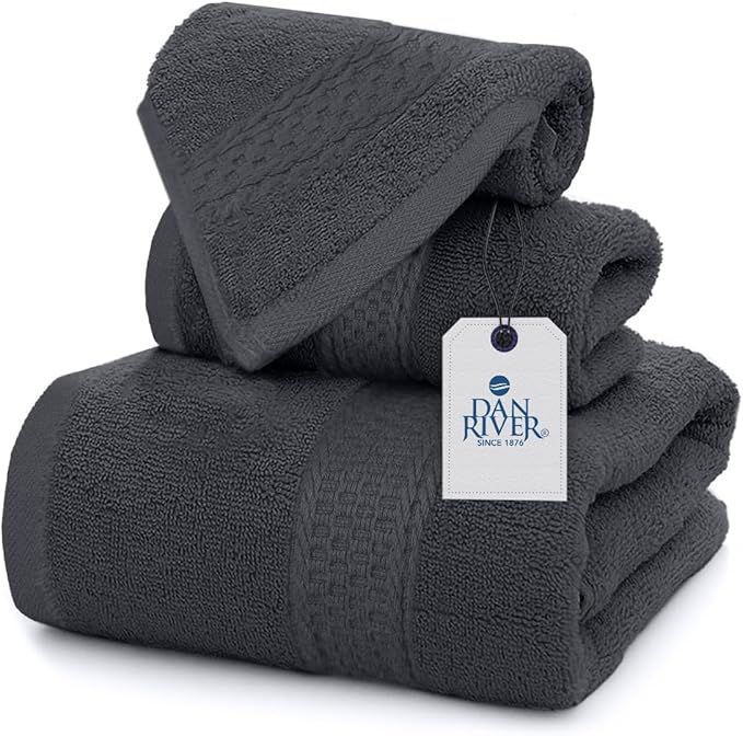 DAN RIVER 100% Ring Spun Cotton 3-Piece Towel Set, Dark Gray, Bath Towel, Hand Towel and Washcloths, 550 GSM - Soft, Absorbent Quick Dry Cotton Towels for Bathroom, Spa, and Gym