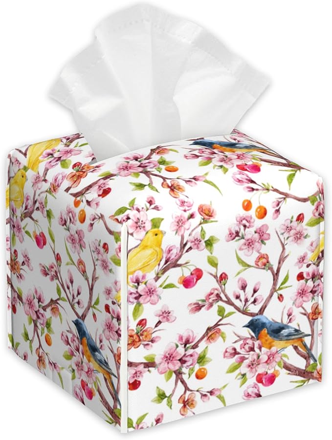 Cherry Blossoms Tissue Box Holder,Watercolor Bird Cube Tissue Box Cover Holder,Leather Facial Paper Organizer Dispenser Home for Bedroom Night Stands,Kitchen,Office and Car,5.2"×5.2"×5.2"