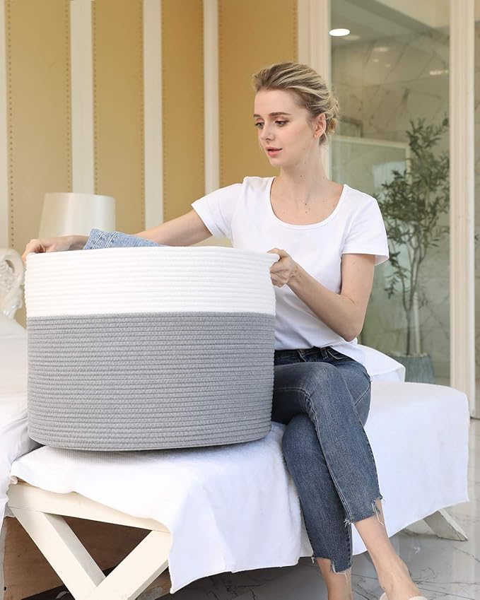 20" x 20" x 15" Extra Large Storage Basket with Lid, Cotton Rope Storage Baskets, Laundry Hamper, Cloth Bin, for Clothes Towels Blankets Pillows Storage in Living Room, Large Basket Grey with Cover