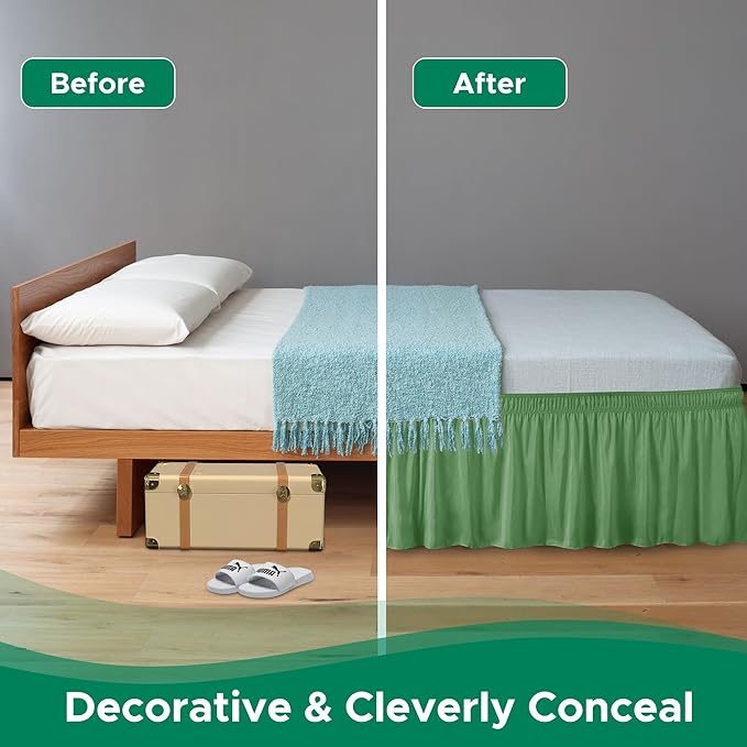 Biscaynebay Wrap Around Bed Skirts for Queen Beds 15" Drop, Sage Adjustable Elastic Dust Ruffles Easy Fit Wrinkle & Fade Resistant Silky Luxurious Fabric Machine Washable