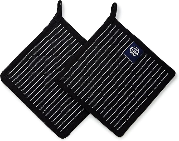 Encasa XO 8 inches Oven Microwave Potholders (2 pc Set) for Kitchen Cooking & Baking - Heat Resistant, Thick & Safe, Protection of Hands from Hot Utensils - Butcher Stripes Black