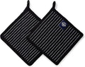 Encasa XO 8 inches Oven Microwave Potholders (2 pc Set) for Kitchen Cooking & Baking - Heat Resistant, Thick & Safe, Protection of Hands from Hot Utensils - Butcher Stripes Black