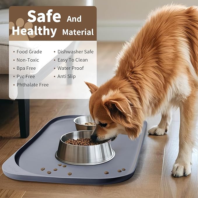 Smilool Silicone Pet Food Mat with Raised Edge for Food and Water Bowl, Dog Feeding Mats, Cat Food Trays for Floor Waterproof, Rubber Tray for Dogs and Cats, 22 x 14 x 0.8 Light Gray