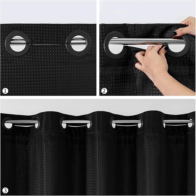 MitoVilla Black Waffle Small Stall Shower Curtain Liner Set 36 x 74, No Hooks Required Half Size Narrow Fabric Shower Curtain Set with Snap-in Liner for Modern Farmhouse Bathroom Decor