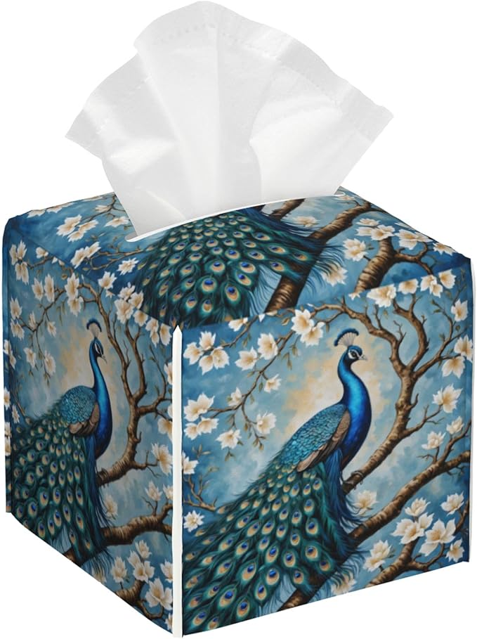 Tissue Box Cover Leather Tissue Box Holder Cube Tissue Case Cover Facial Paper Organizer Dispenser for Bathroom, Vanity Countertop, Office Desk (Peacock Perched on Branch with Flowers)