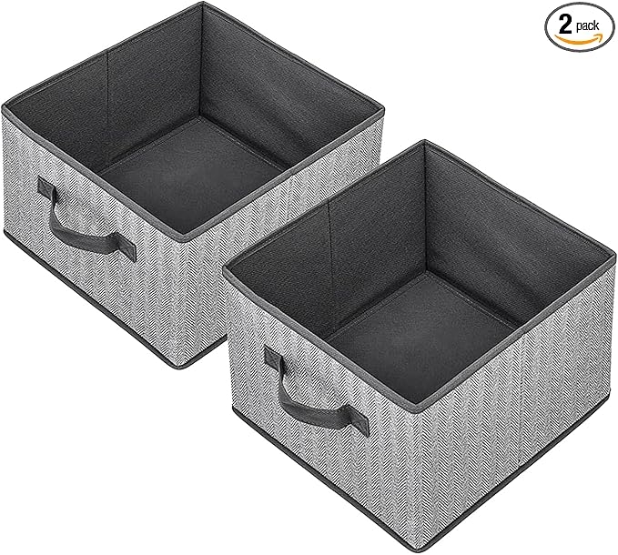 EITMOW Storage Baskets, 11-Inch Woven Fabric Bins, Storage Cubes with Reinforced Handles, Organizer Bins for Closet Shelves, Foldable, for Toys, Clothes, Natural Beige (2PCS/Grey-11*11*7.8inch)