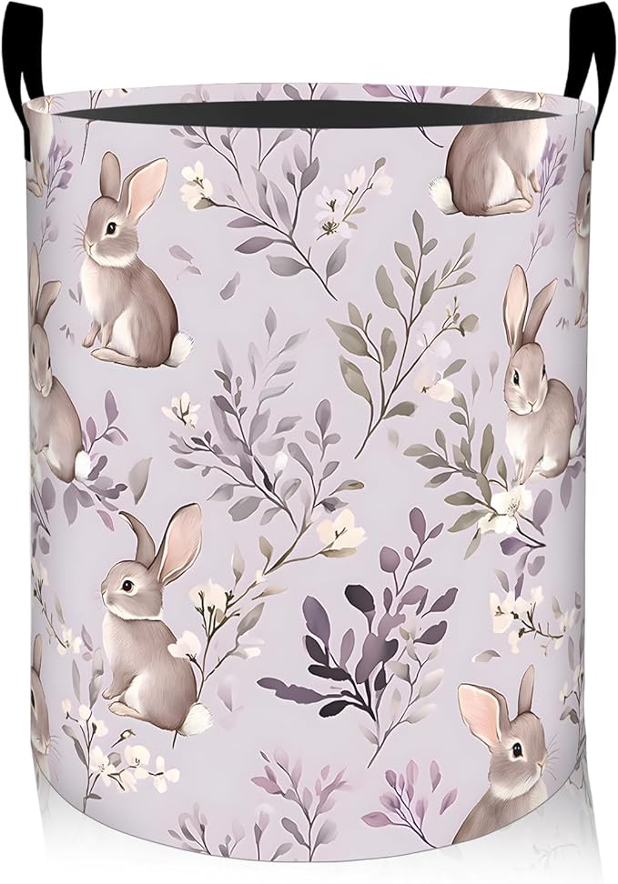 ainori Rabbit Floral Laundry Basket, Oxford Cloth Pastel Cute Dirty Clothes Collapsible Hamper for Room Decor, Bunny and Flower Plant Print Gifts Toy Organizer 19.7*15.8 Inch for Bedroom Bathroom Dorm