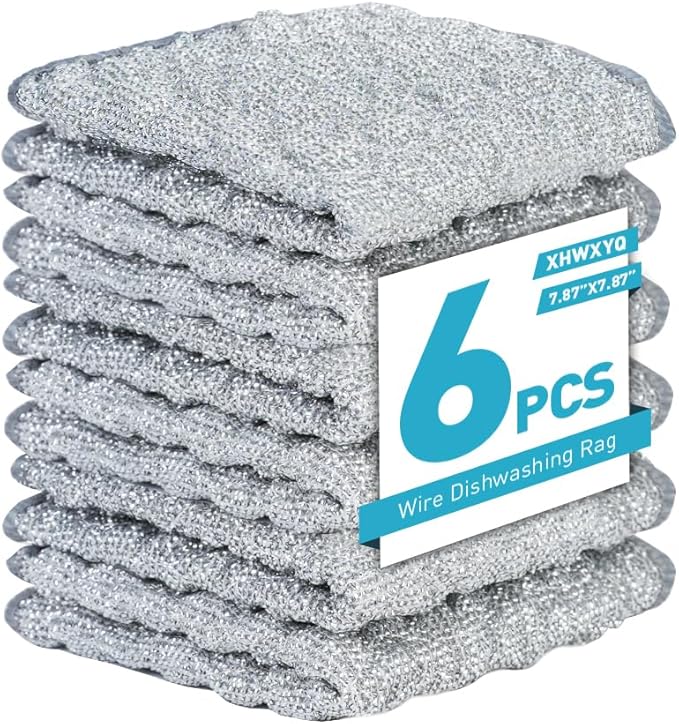 XHWXYQ 2025 New Upgrade Non Scratch Wire Dishcloth, Multipurpose Wire Dishwashing Rags for Kitchen, Wet and Dry, Sinks, Cookware, Stove, Easy Rinsing, Reusable (6pcs, Large)