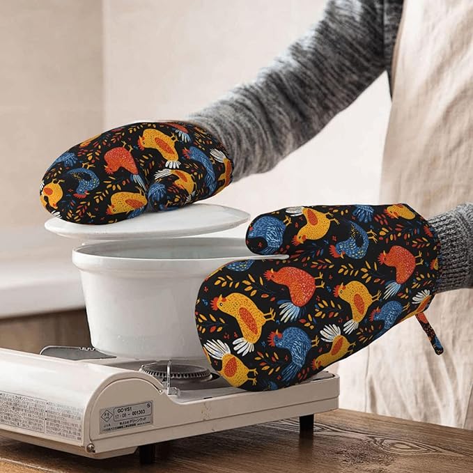 Heat Resistant Oven Mitts 2 Pack, 500°F Silicone Oven Gloves with Non-Slip Grip, Soft Quilted Cotton Lining for Baking, Grilling, BBQ, Cooking (Rooster)