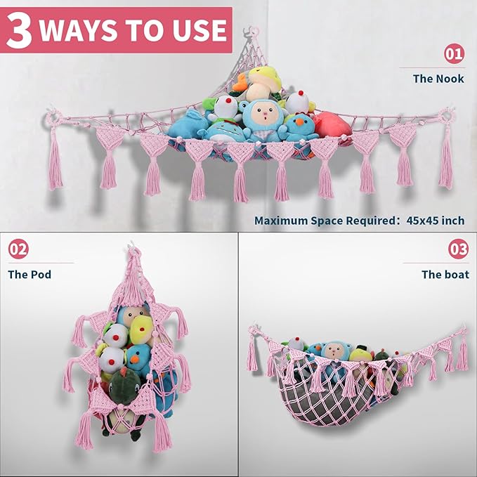 iHansee Stuffed Animal Hammock Corner, 56 Inch Jumbo Macrame Ceiling Toys Net, Pink Wall Hanging Organizer Holder Plush Storage Display Net Mesh with LED Lights for Nursery Playroom Kid Room Decor