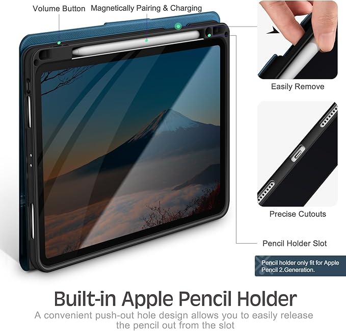 KingBlanc Case for iPad Pro 11 inch 4th/3rd/2nd/1st Generation (2022/2021/2020/2018) with Pencil Holder, PU Leather Protective Stand Folio, Auto Sleep/Wake, Multi-Angles for Viewing/Typing, Blue