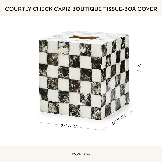 MACKENZIE-CHILDS Boutique Square Capiz Tissue-Box Cover, Decorative Tissue Holder, Black-and-White Courtly Check