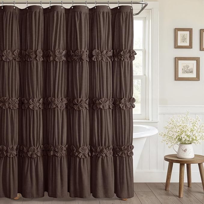 XOGUIBO Ruffle Shower Curtain with Handmade Bow Tie, Brown Linen Vintage Farmhouse Shower Curtain for Bathroom, 72" W x 72" H