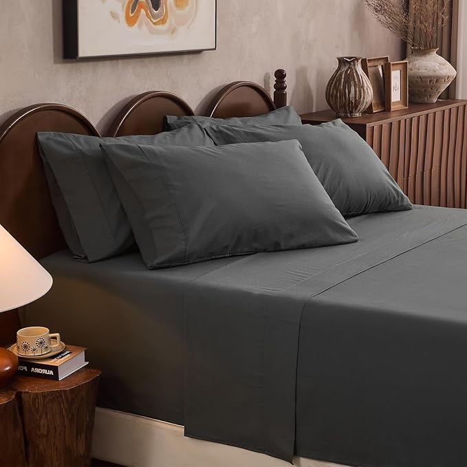 100% Linen Sheet Set King Size Extra Deep Pocket Fits 18-24 Inch Mattress, Breathable & Soft, Smooth 6-Piece Set for Thick Mattresses Hotel Luxury Bedding（King, Dark Grey）