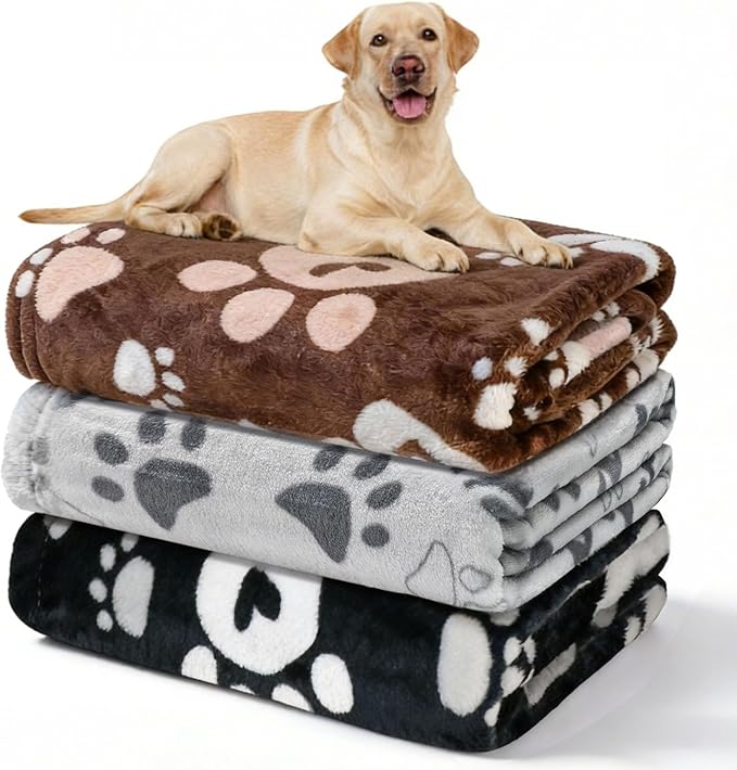 Gowyeg Dog Blankets 3 Pack for Large Medium Pet Cat, Soft Fuzzy Washable Blanket, 41 x 31 inch, Dog Blanket for Dogs Kennels & Beds, Sofas, Furniture, Gifts Puppy Essentials, Black/Brown/Gray