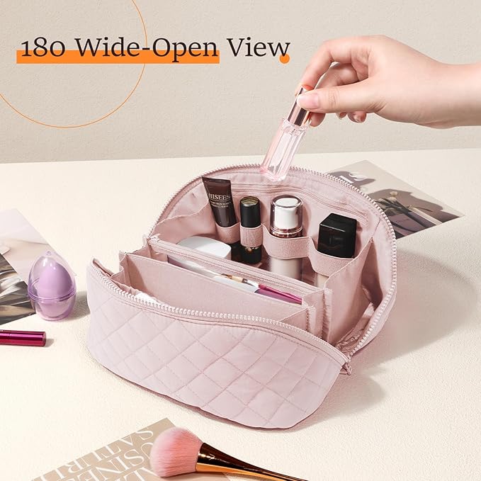 Makeup Bag for Women, Wide Open Lay-Flat Water-Resistant Cosmetic Case, Festivalment Makeup Bag, Spacious 180° Open Cosmetic Organizer for Toiletries & Brushes Large Capacity with Compartments (Pink)
