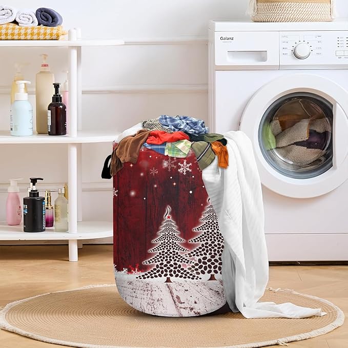Coffee Bean Tree Laundry Basket with Sturdy Handles, Red Christmas Snowflake Collapsible Oxford Cloth Laundry Hamper Organizer Basket for Bathroom Bedroom 15.7x20 Inch