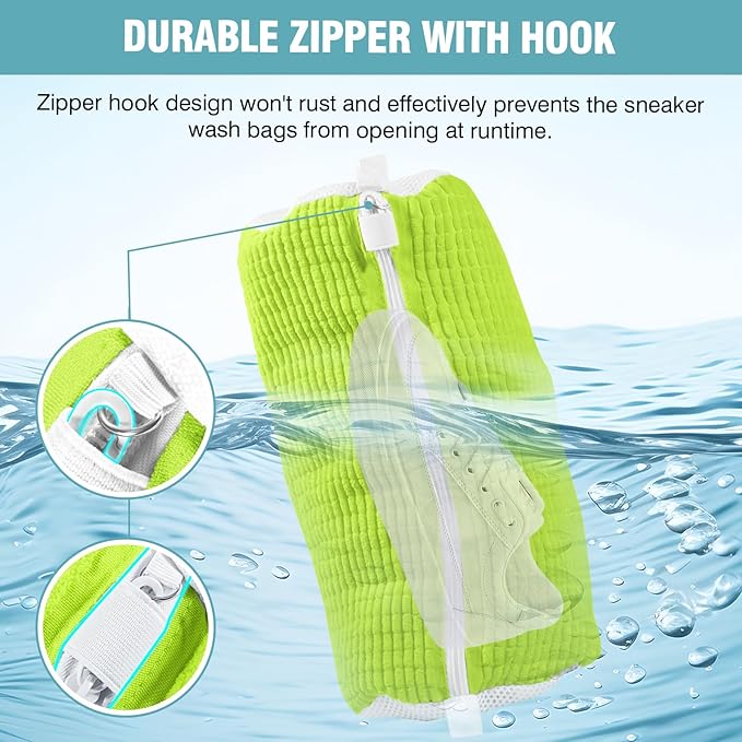 2 Pcs Shoe Washing Machine Bags with 4 Adjustable Shoe Trees, XXL Laundry Bags for Washer and Dryer, Sturdy Zipper with Hook Design, Reusable Cleaning Bag for Sneaker, Tennis (Green)