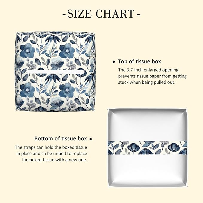 POIUBLE Leather Tissue Box Holder Blue Flowers Tissue Box Cover Square Waterproof Tissue Holder Organizer Modern Napkin Holder for Bedroom Dresser Night Stand Office Desk