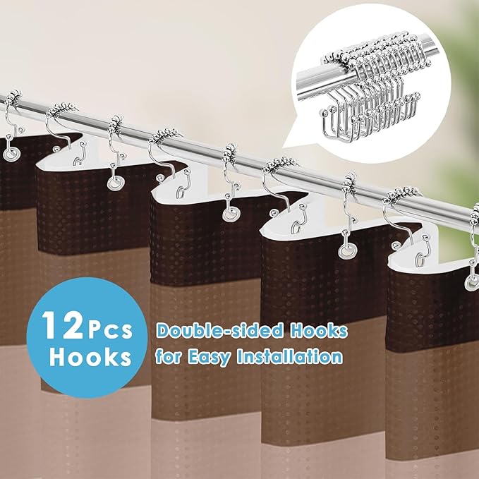 Nesphy Shower Curtain and Liner, Brown Striped 3 in 1 Shower Curtain and PEVA Liner Set with 12 Rust-Resistant Metal Hooks, Waterproof Fabric Shower Curtains for Bathroom, 72 W x 72 H