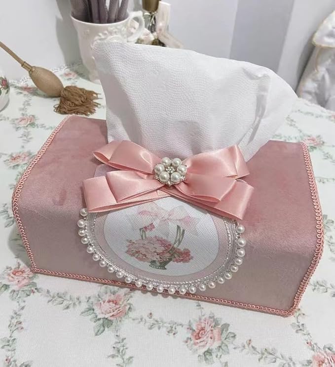 Tissue Cover Holder Fabric Art Cute Tissue Box Cover Dispenser Napkin Organizer for Bathroom Bedroom Office and Car (C-Pink)