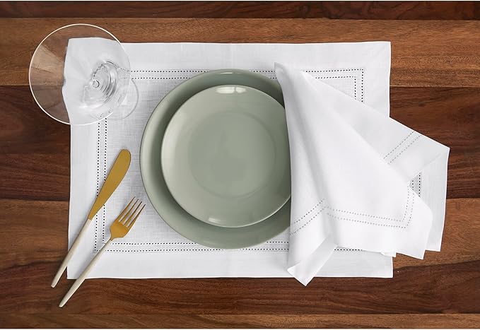 Solino Home Linen Placemats Set of 4 - Double Hemstitch White Placemats 14 x 19 Inch - 100% Pure Linen Table Place Mats for Winter, Valentines, Spring, Easter