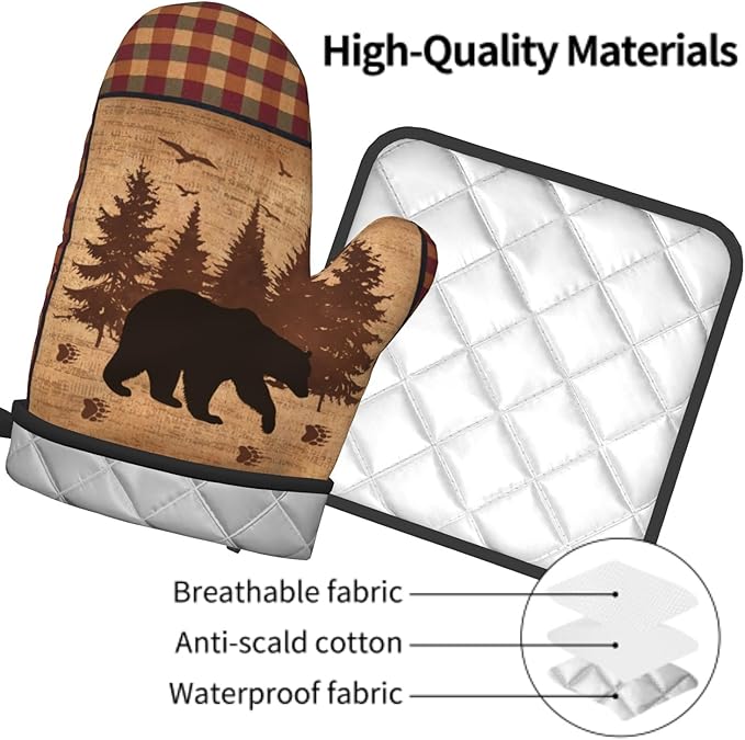 Black Bear Oven Gloves and Pot Holders Forest Cabin Wildlife Kitchen Mitts Hot Pads Farmhouse Red Green Buffalo Plaid Decorative BBQ Essentials and Accessories for Chef Cooking Baking Gifts