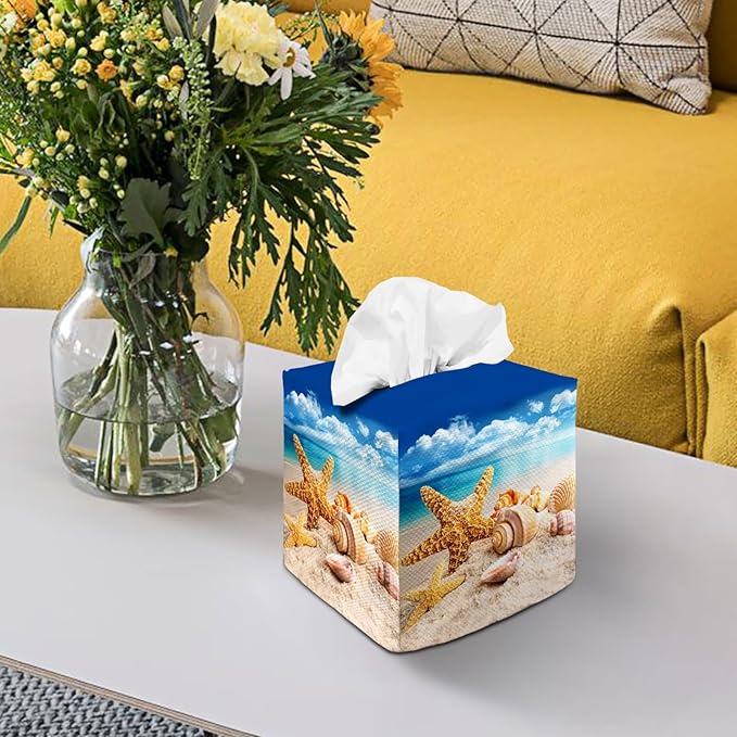 Tissue Box Cover Square Decorative Tissue Box Holder Cute Funny Cube Tissue Case Cover-Starfish Seashell Tissue Box Cover