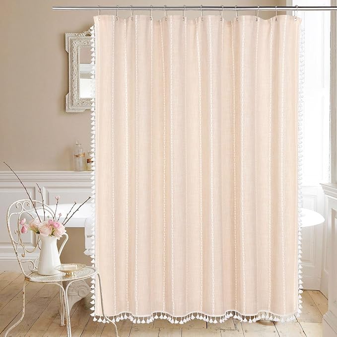 MitoVilla Beige Boho Small Stall Fabric Shower Curtain 36 x 72, Cream Half Size Narrow Polyester Linen Tassel Cloth Shower Curtains for Chic Modern Farmhouse Country Bathroom Decor
