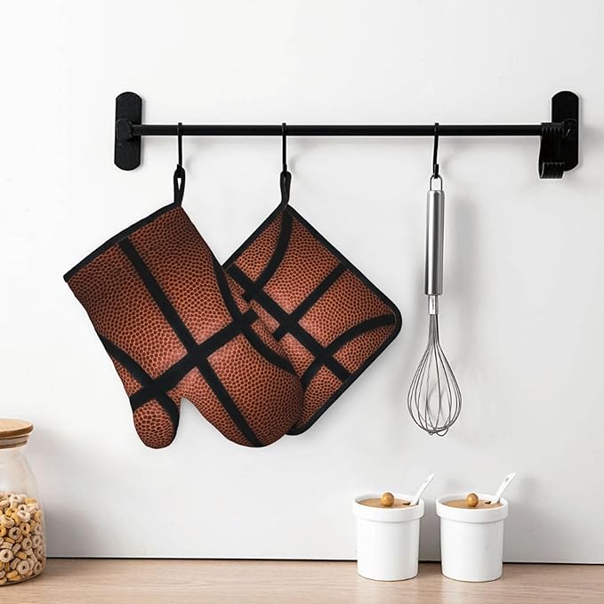 Basketball Oven Mitts and Pot Holders Set of 4 Silicone Basketball Spot Leather Texture Sport Kitchen Mitten Gloves and Sports Theme Potholders Set Oven Gloves Hot Holders for Kitchen