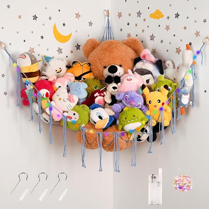 Large Size Stuffed Animal Hammock Corner with LED Light, Cotton Rope Corner Net for Stuffed Animals Storage,Toy Hammock for Stuffed Animals Organizer, Baby Nursery Bedroom Decor(XL-Blue)