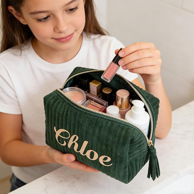 MYDREAMY Personalized Velvet Makeup Bag with Name, Custom Embroidered Cosmetic Bags for Women Girls, Initial Quilted Makeup Bag,Travel Toiletry Pouch, Gifts for Bride Bridesmaid, Birthday, Wedding
