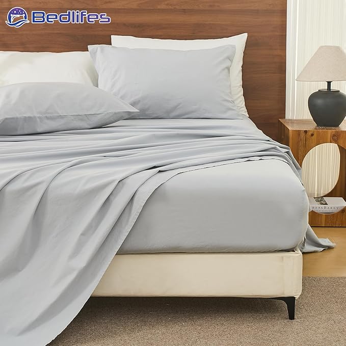Bedlifes 100% French Pure Linen Sheets Queen Size Breathable and Cooling Flax Sheet Set Soft Durable and Moisture Wicking 16 Inch Deep Pocket-4 Piece(Queen,Grey)
