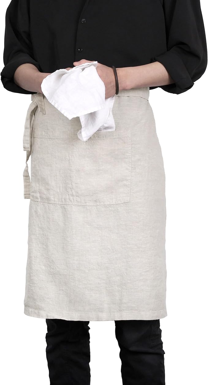 Pure Linen Bistro Half Apron - 25 x 35 Inch Unisex Waist Aprons with Large Pocket Ideal for Kitchen Crafts and More