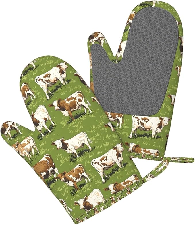 Heat Resistant Oven Mitts 2 Pack, 500°F Silicone Oven Gloves with Non-Slip Grip, Soft Quilted Cotton Lining for Baking, Grilling, BBQ, Cooking (Cow Green)