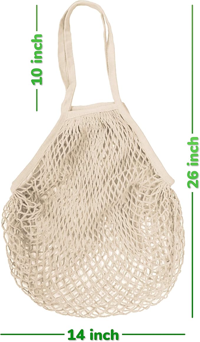 MERCURHOUSE 5 pack Cotton String Shopping Bags Reusable Washable Grocery Mesh Bags Organizer for Grocery Shopping Produce Net Bags with Longhandle for Fruit Vegetable Storage