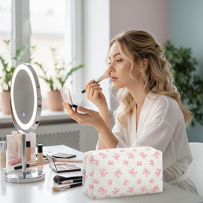 Paterr 6 Pcs Quilted Makeup Bag Bulk for Women Girls Birthday Valentine's Day Bridesmaid Gifts Cute Cotton Cosmetic Pouch Bow Floral Coquette Aesthetic Travel Toiletry Bag(Little Bow,White)
