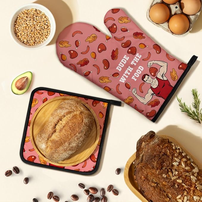 Dude with The Food Oven Mitts and Pot Holders Sets, Funny Oven Mitts for Father Grill Masters Grill Lovers BBQ Lover Foodies, Cooking Gifts Housewarming Gifts for Dad Grandpa