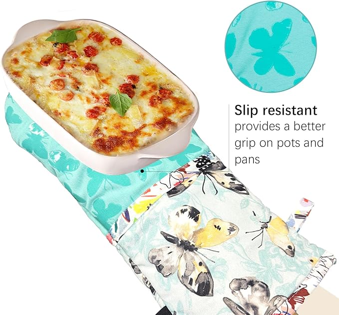 Oven Mitts, Heat Resistant with Soft Quilted Cotton Lining Set of 2, Fashion Design with Silicone Printing Anti-Slip Kitchen Gloves, Safe Backing Cooking Barbecue (Turquoise, Butterfly)