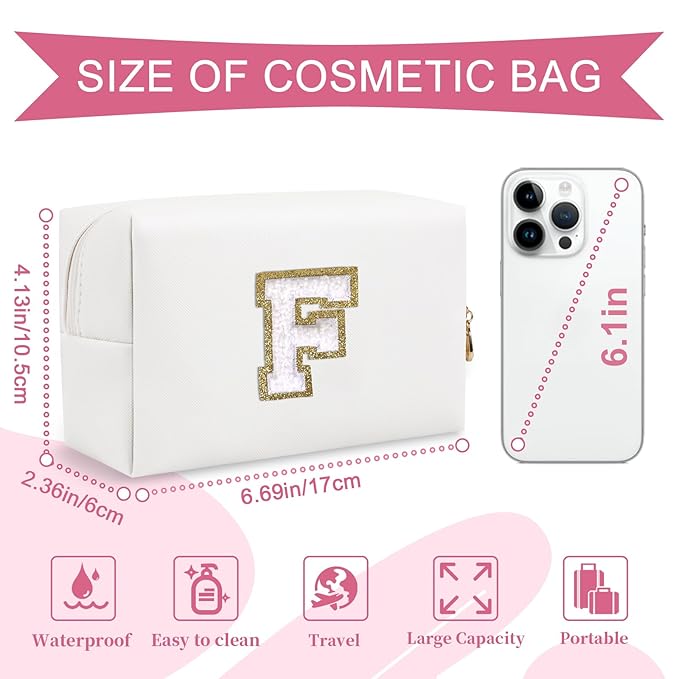Small Personalized Initial A-Z Preppy Patch Makeup Bag,White PU Chenille Letter Travel Cosmetic Pouch with Zipper,Cute Toiletry Bag,Gift Ideal for Teen Girls Women Teacher Bridesmaid,Letter F