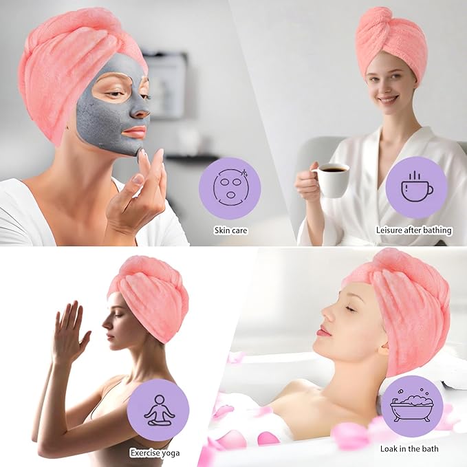 AGKXHDEC 1 Pack Double Layer Microfiber Towel, Hair Turbans for Wet Hair, Drying Hair Wrap for Women(Pink)
