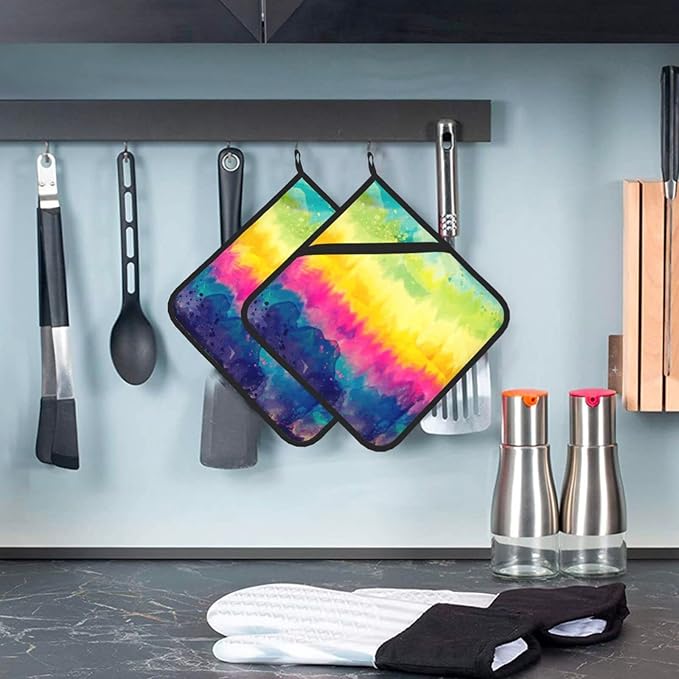 Colorful Oil Paint Pattern Kitchen Everyday Basic Pot Holder Beautiful Aesthetic Heat Resistant Potholder for Cooking Baking Barbecue Set of 2
