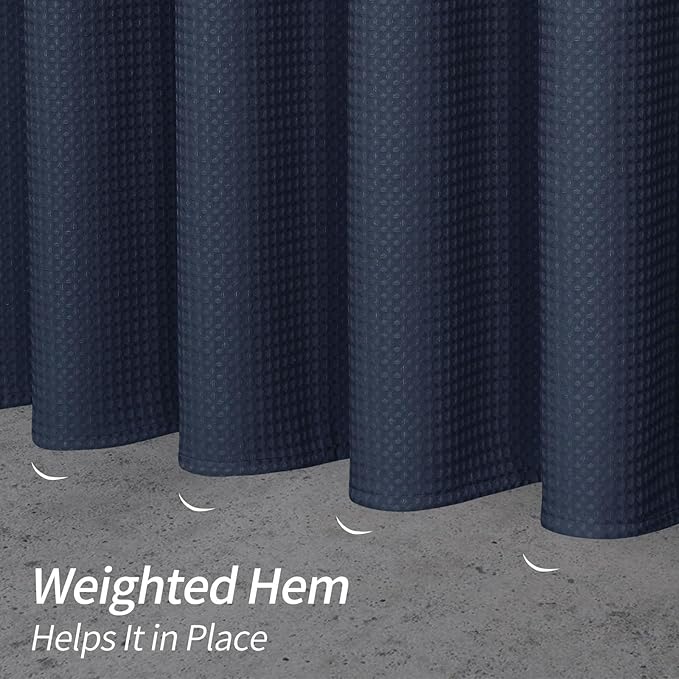 MitoVilla Navy Blue Modern Waffle Shower Curtain, Dark Blue Fabric Shower Curtains for Neutral Hotel Bathroom Decor, Heavy Waffle Weave Weighted Cloth Shower Curtain, 72 x 72