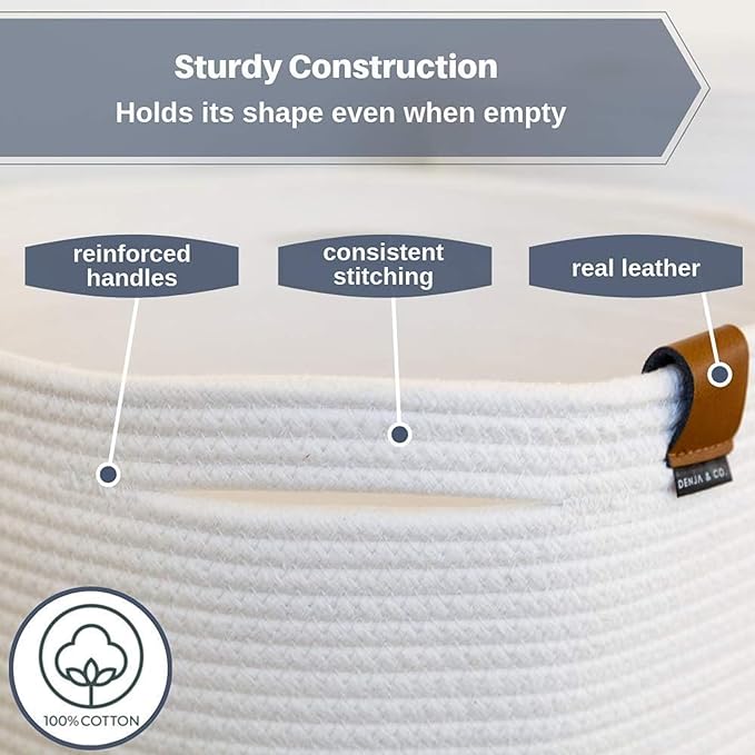 DENJA & CO Extra Large Blanket Basket for Living Room - White Farmhouse Woven Baskets for Storage | Cotton Rope Large Baskets for Blankets, Pillows, Toys, or Laundry | Ivory White (21" Wide x 13.8" Tall)