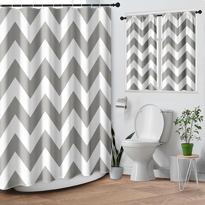 Culudea Chevron Striped Modern Gray White Shower Curtain Set, Wave Zig Zag Minimalist Herringbone Farmhouse Bathroom Window Waffle Cloth Waterproof Shower Curtains for Bathroom Decor