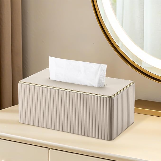 KINGFOM Rectangular Tissue Box Cover, PU Leather Tissue Box Holder with Magnetic Bottom, Napkin & Facial Tissue Holder Dispenser Decorative Box Cover for 120-count (3-Ply) 160-count (2-Ply) Beige