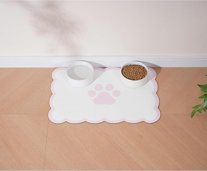Ralxion Scalloped Dog Feeding Mat, Absorbent Mats for Dog Food and Water Bowl, Dispenser, Cute Elegant Aesthetic Preppy Pastel Pink Scallop Pet Placemat for Dogs, Cats, Puppy Accessories, 14" X 19”